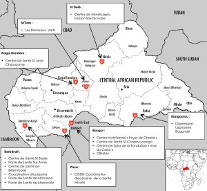 Map showing the health centres that Ordre de Malte France supports in the Central African Republic 